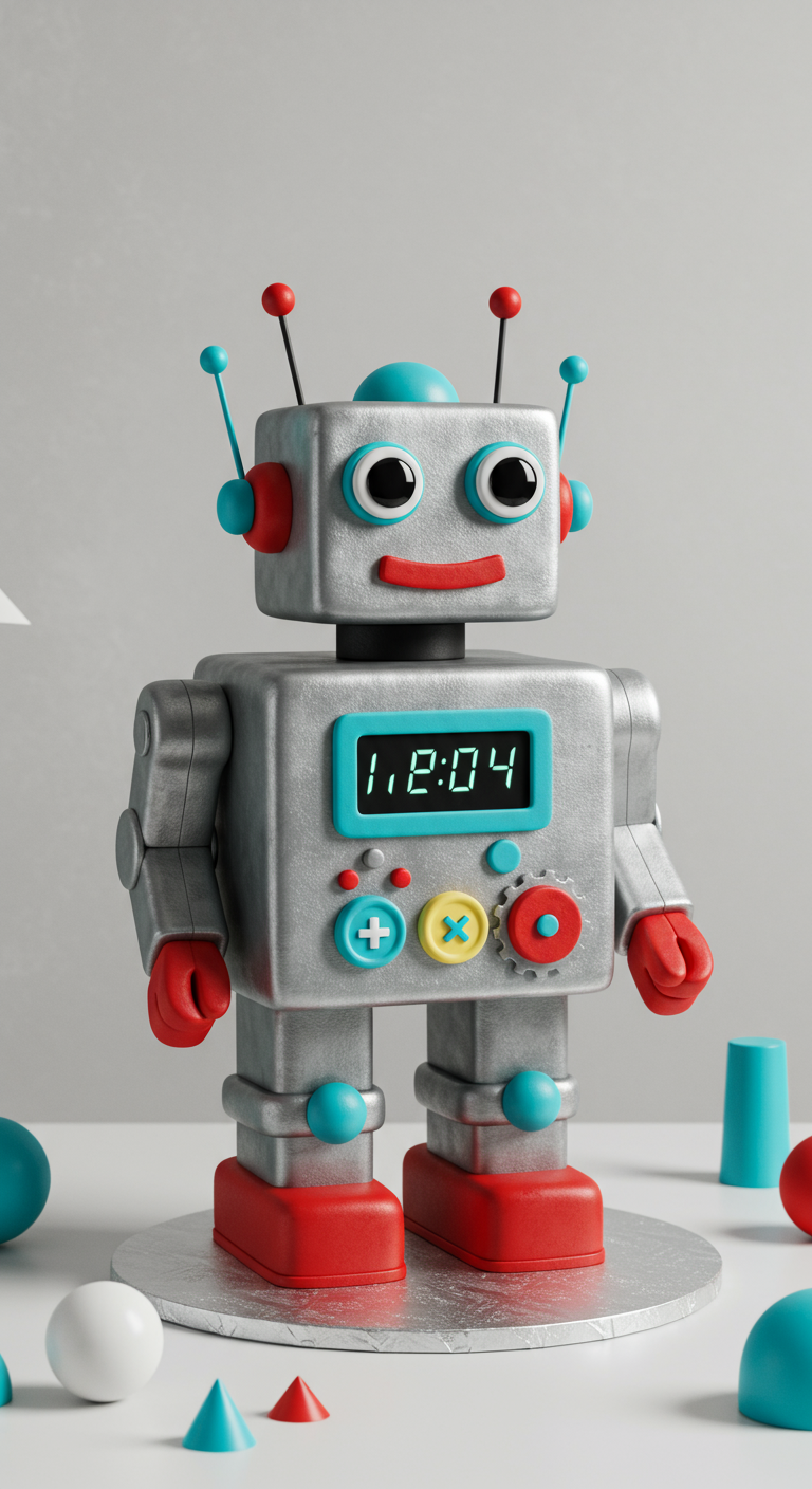 Silberne Roboter-Torte mit bunten Knöpfen und Digitalanzeige.