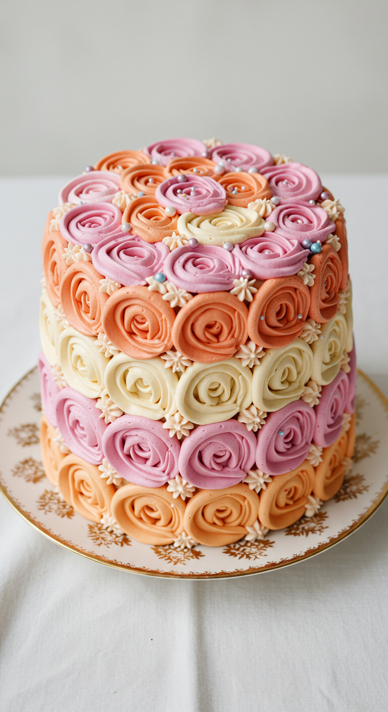 Buttercreme-Rosettentorte in Rosa-, Orange- und Cremetönen.