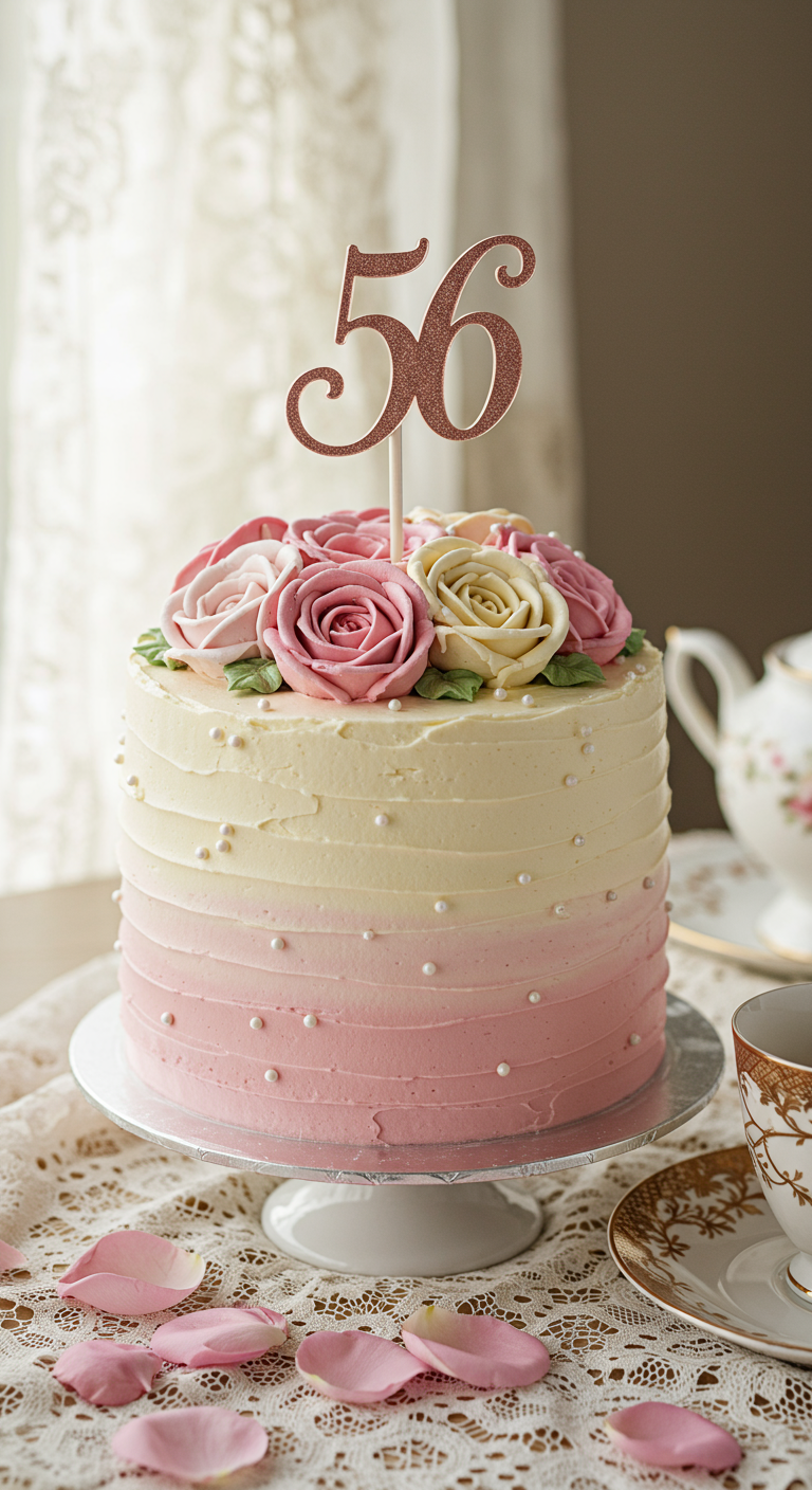 Einstöckige Torte mit rosa-weißem Ombré-Farbverlauf und Buttercreme-Rosen.