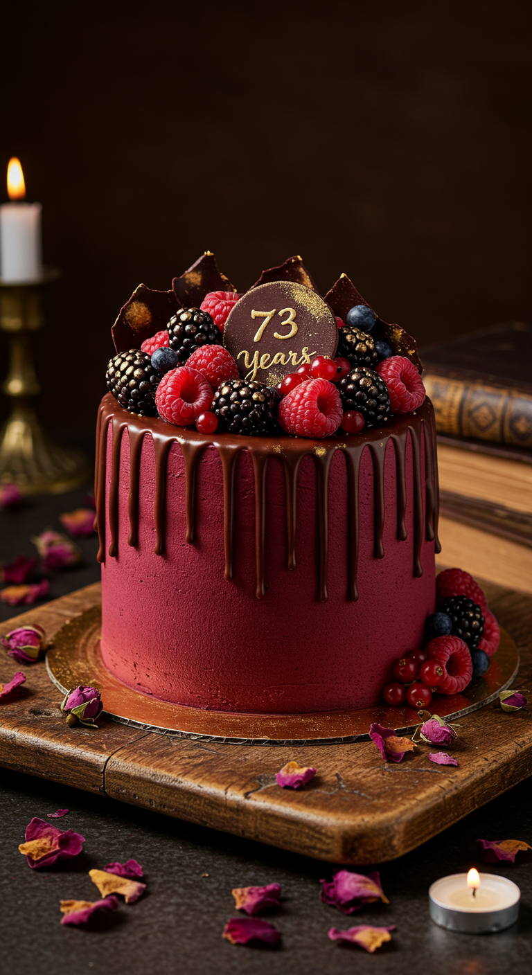 Rote Samttorte mit Schokodrip, frischen Beeren und Schokoschild