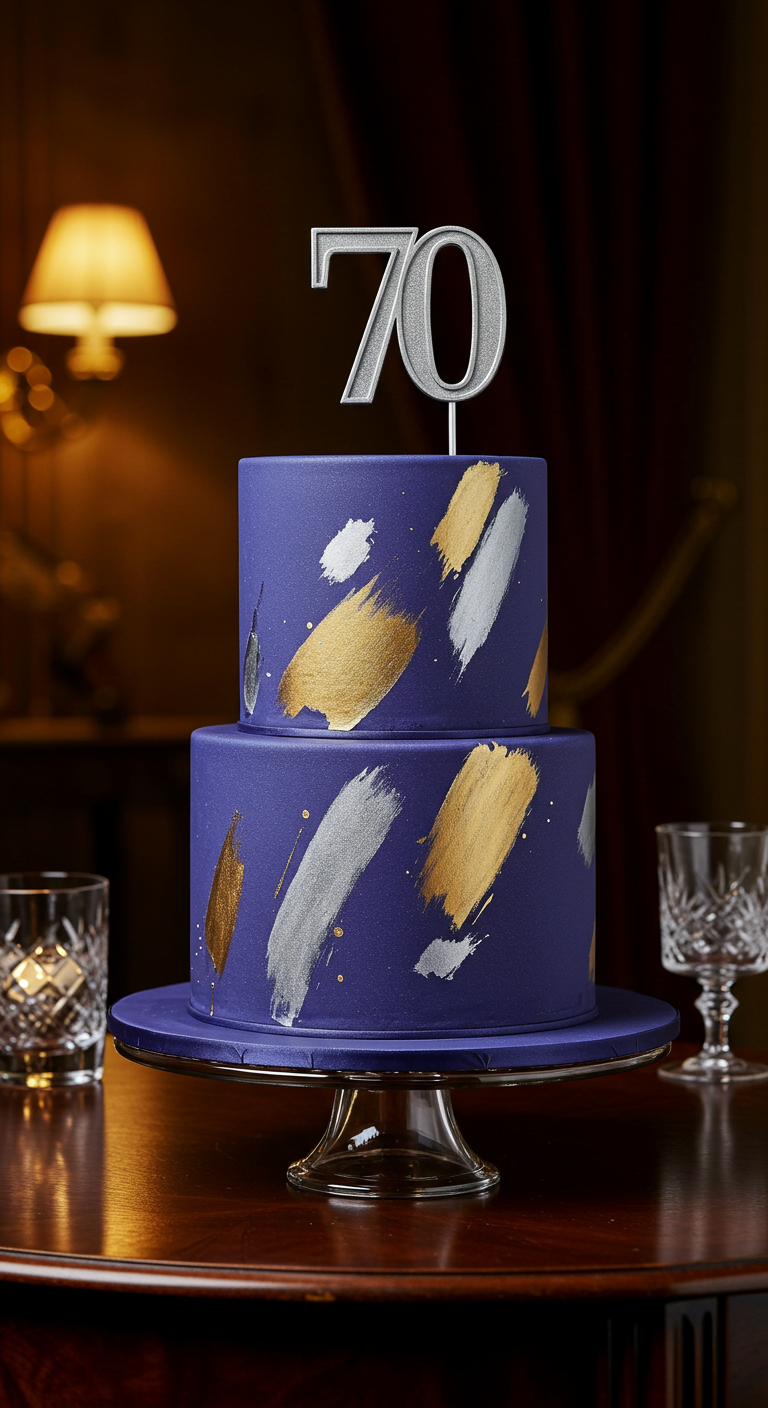 Zweistöckige lila Torte mit goldenen und silbernen Pinselstrich-Akzenten und
