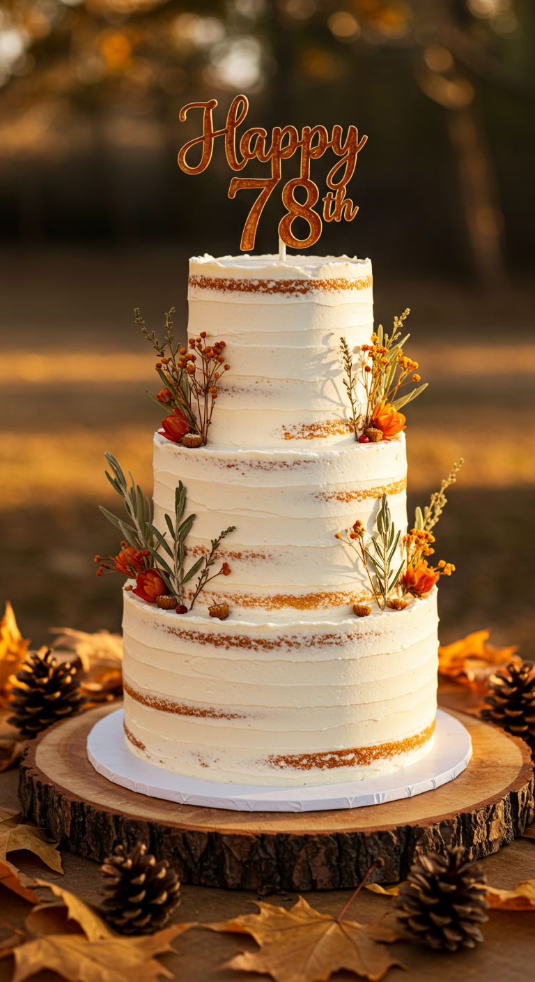 Dreistöckiger Naked Cake mit weißer Creme, dekoriert mit Herbstblumen und -zweigen.