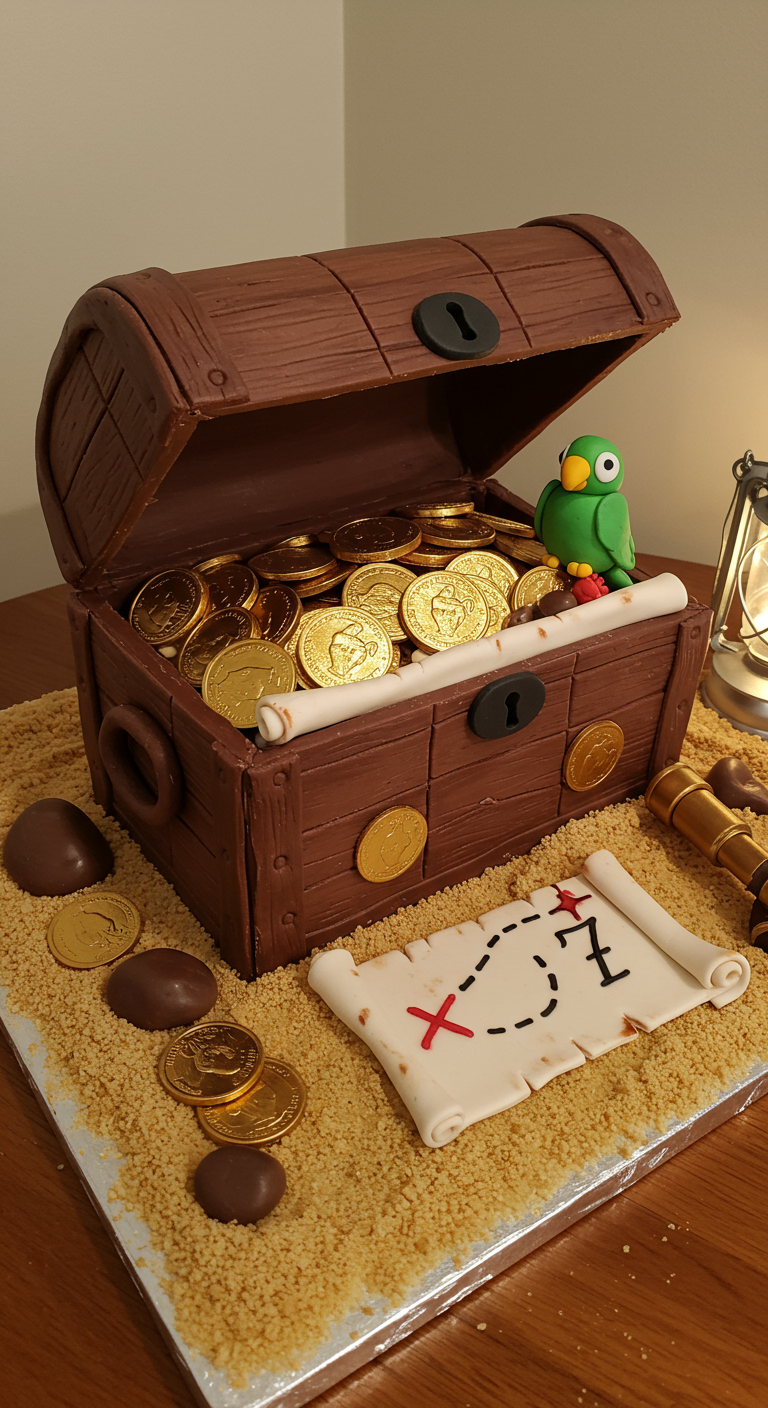 Schatzkisten-Kuchen gefüllt mit Goldmünzen, daneben eine Schatzkarte.