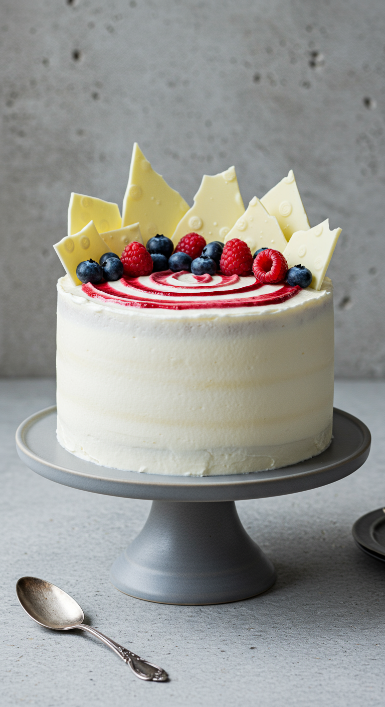 Weiße Torte mit weißen Schokosplittern und frischen Beeren.