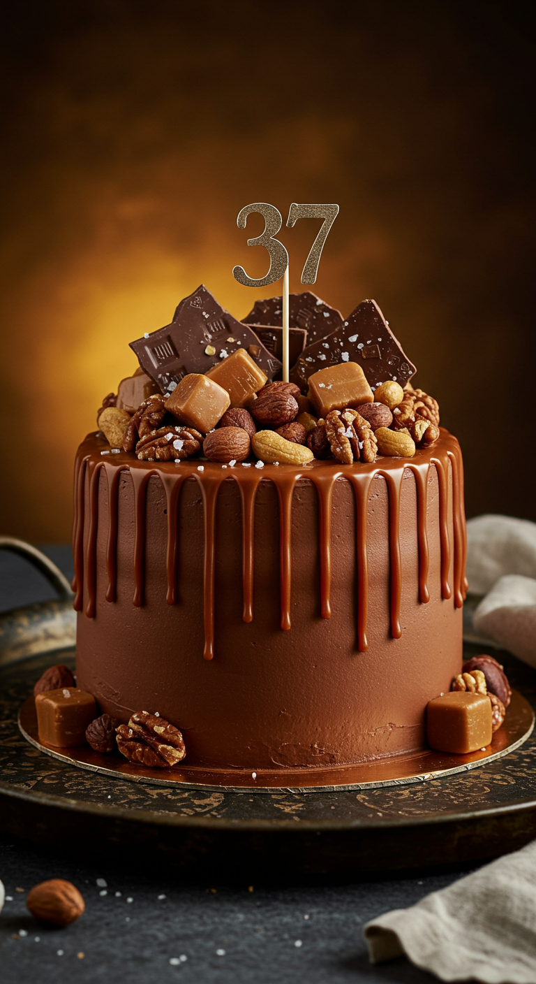 Schokoladentorte mit Karamell-Drip, Nüssen, Karamellstückchen und „37“.