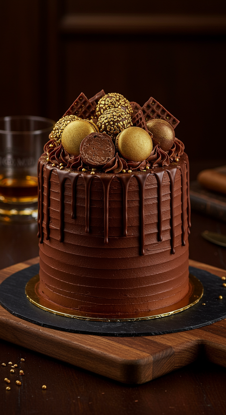 Dunkle Schokoladentorte mit Schokodrip, Pralinen und goldenen Kugeln dekoriert.