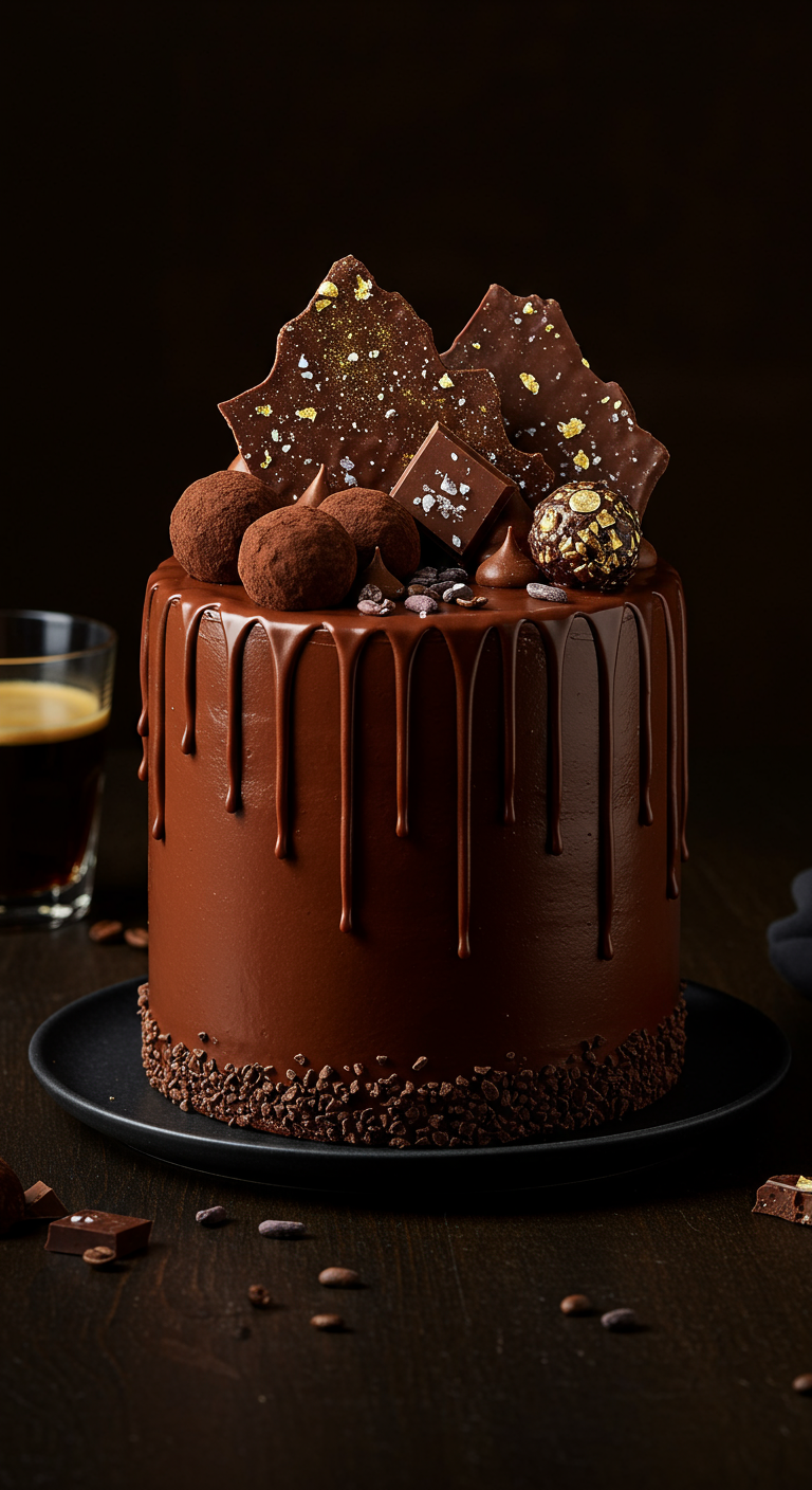 Schokoladen-Drip-Cake mit Trüffeln und Schokosplittern.