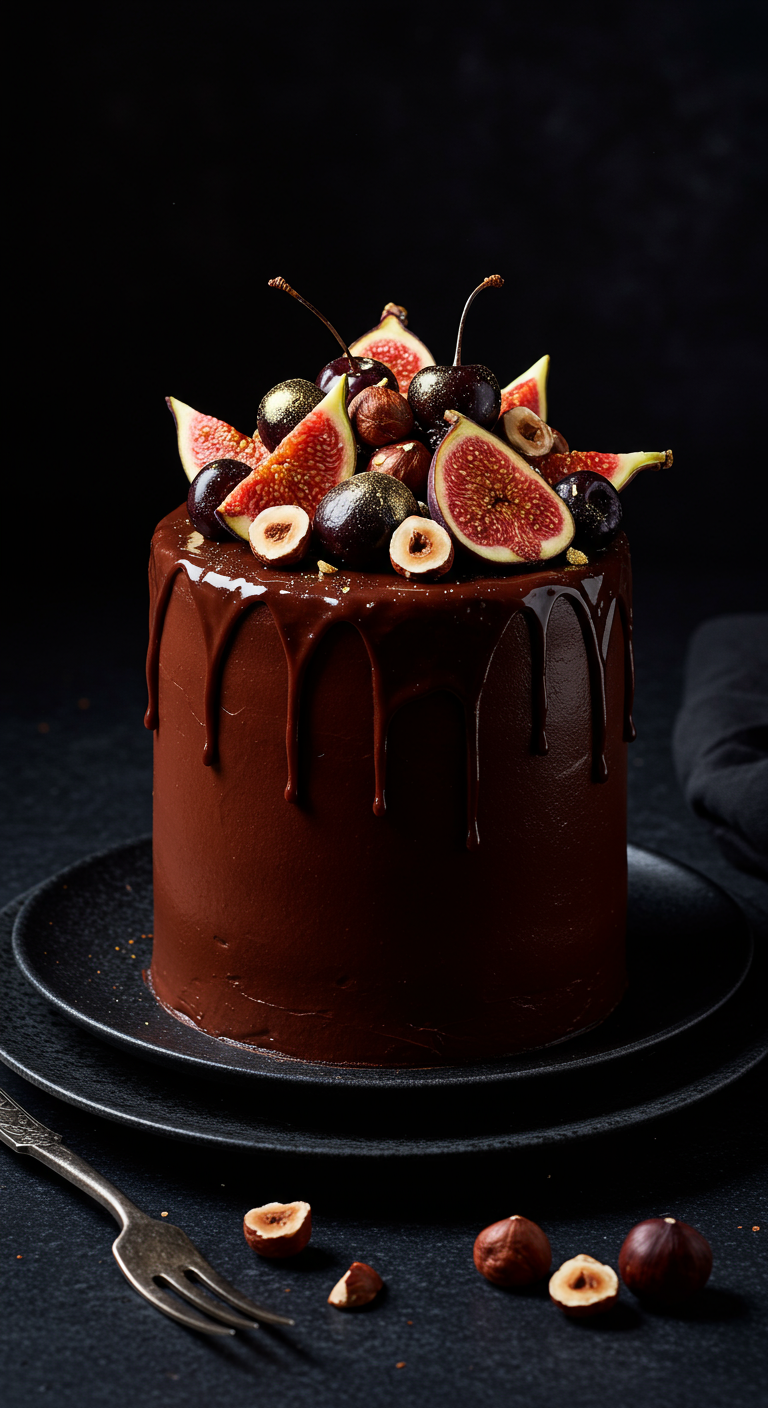Dunkle Schokoladen-Drip-Torte mit frischen Feigen, Kirschen und Nüssen.