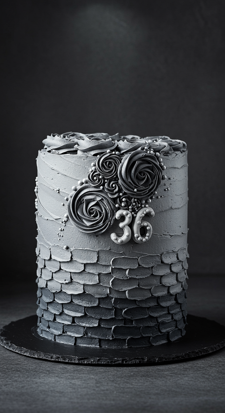 Graue Torte mit Ombré-Farbverlauf, Blütenblatt-Textur und silbernen Perlen.