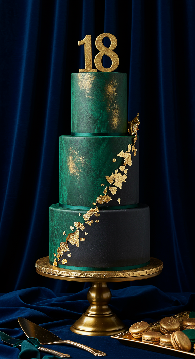Dreistöckige smaragdgrüne und schwarze Torte mit Blattgold-Akzenten und