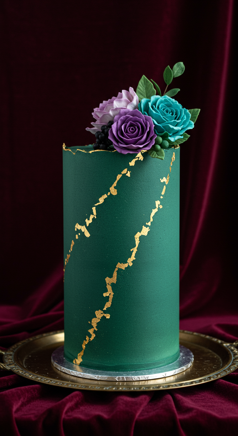 Hohe smaragdgrüne Torte mit Goldadern und Zuckerblumen.