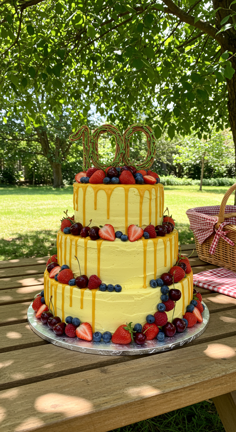 Gelbe dreistöckige Torte mit Karamell-Drip, frischen Beeren und Zweig-'100'-Topper.