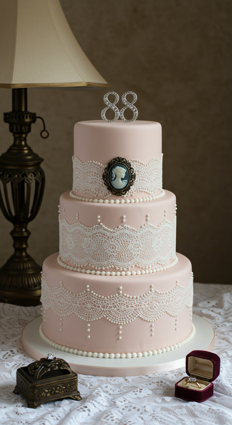 Dreistöckige rosa Torte mit weißer Spitze, Kamee und