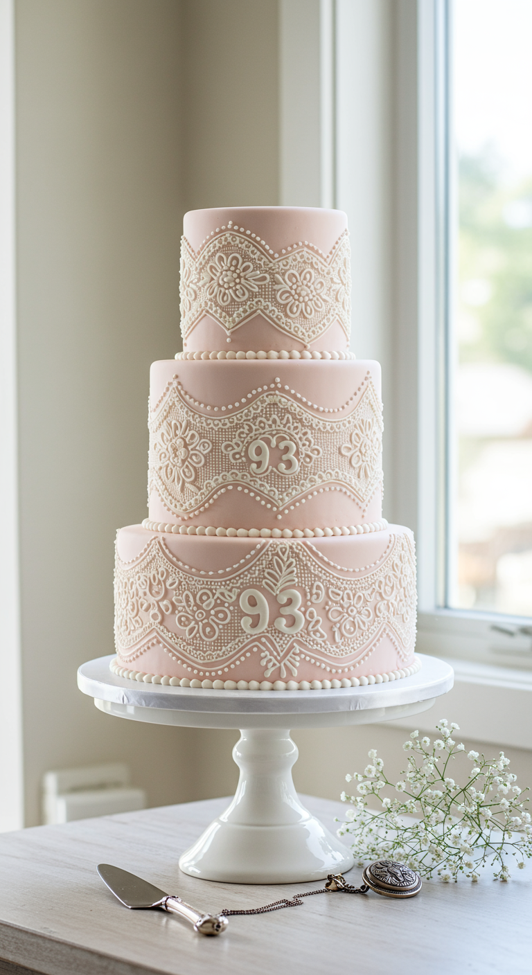 Dreistöckige rosa Torte mit feinen weißen Spitzenmustern und der Zahl 93, auf einem weißen Tortenständer.