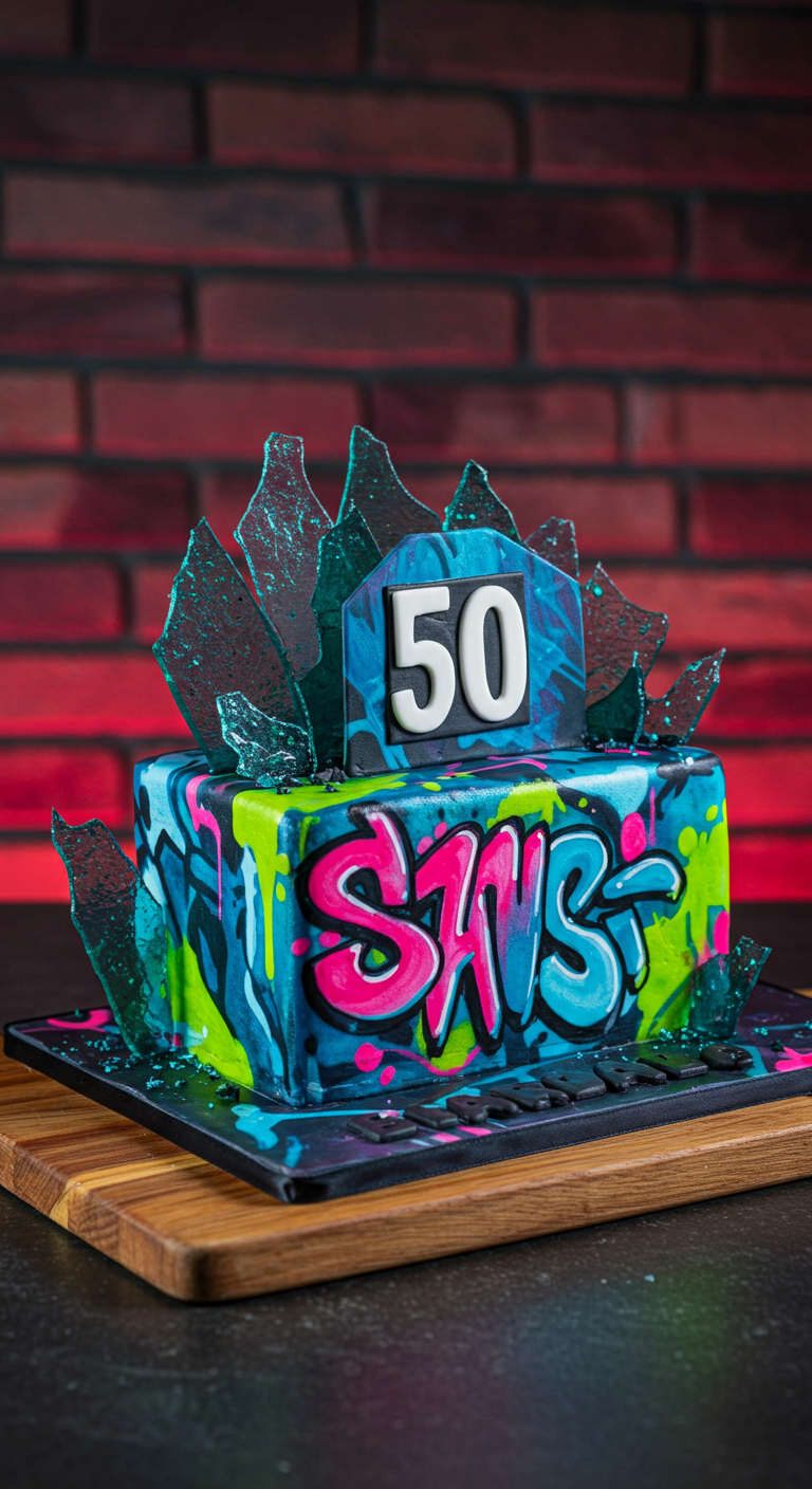 Graffiti-Torte mit bunten Farben, '50' und türkisen Zuckerscherben.