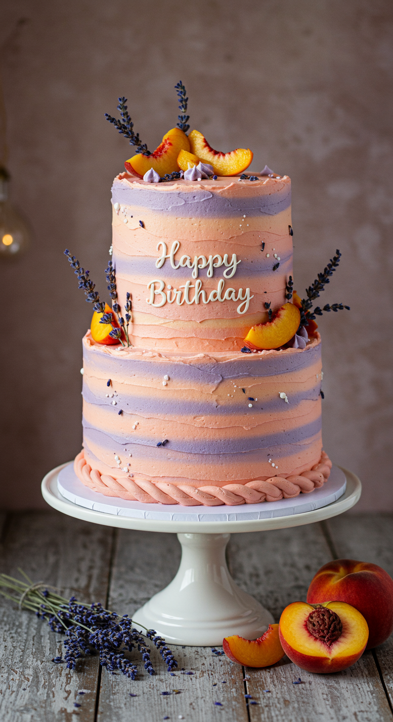 Zweistöckige Torte mit Pfirsich- und Lavendelstreifen, Happy Birthday Schriftzug.