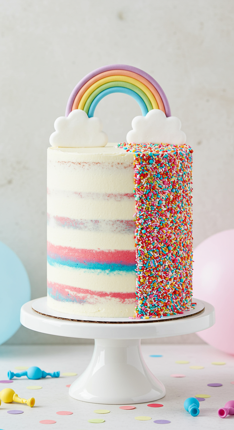 Hohe Torte mit weißer Buttercreme, einem Streifen bunter Streusel und Regenbogen-Topper.