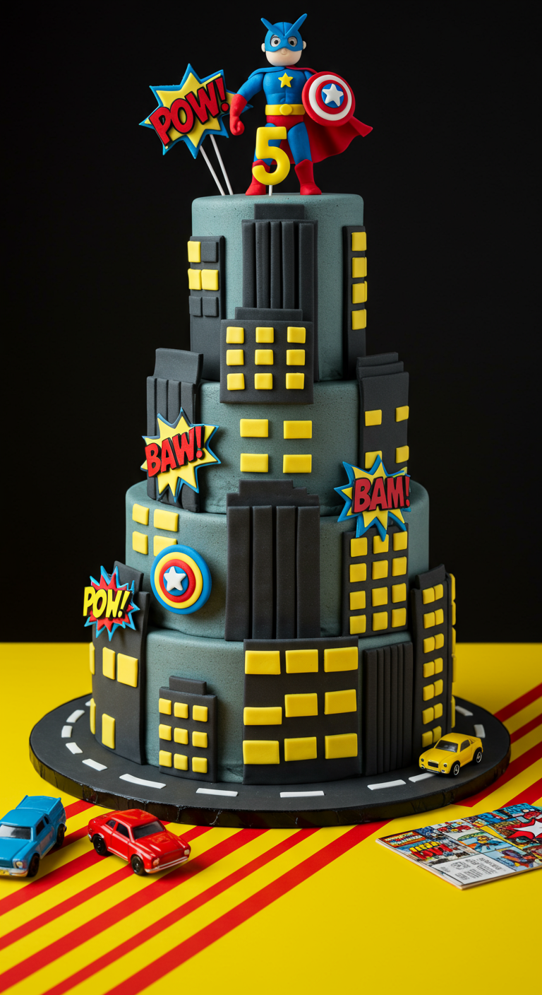 Superhelden-Torte in Hochhaus-Optik mit Comic-Sprechblasen und Superhelden-Figur.