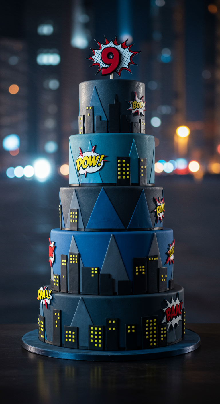 Mehrstöckige Superhelden-Torte mit dunkler Skyline, gelben Fenstern und Comic-Sprechblasen.