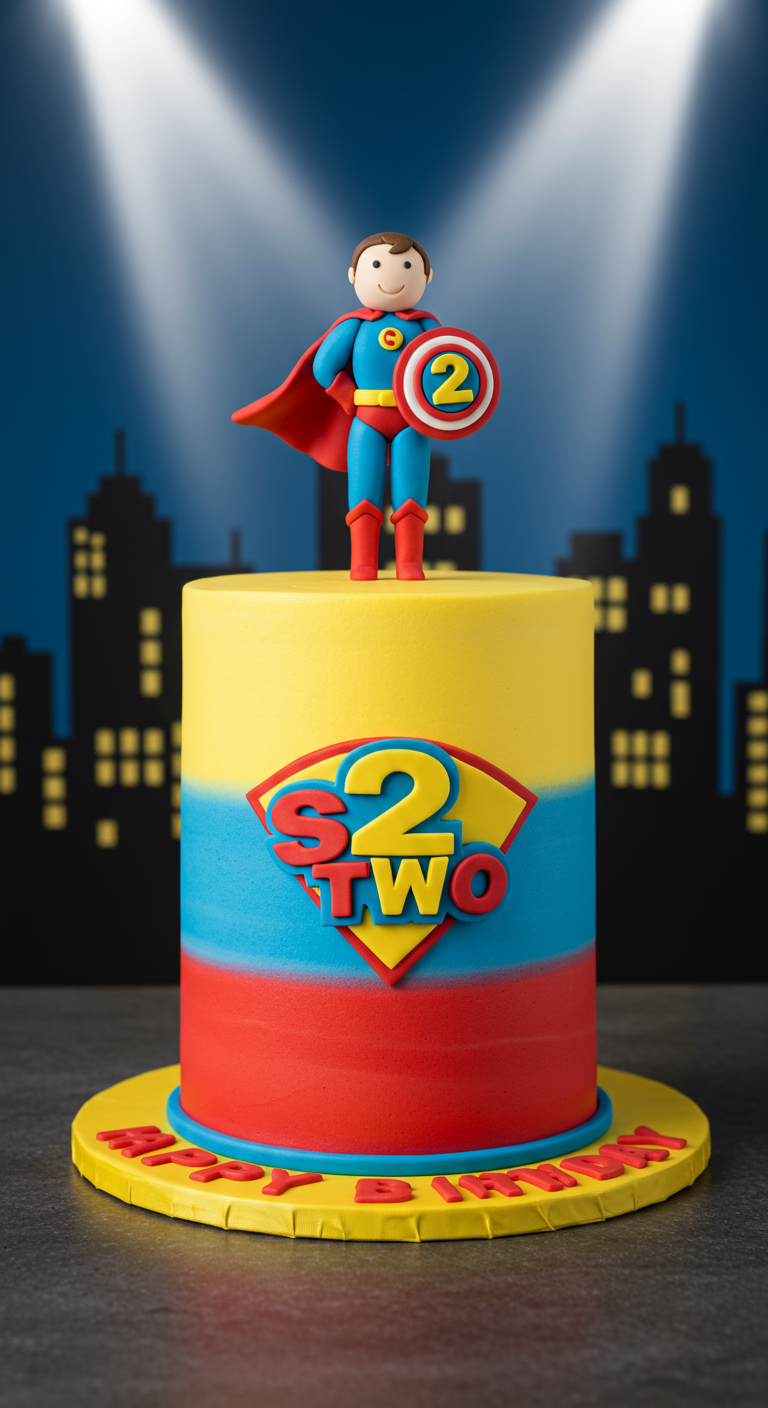 Superhelden-Torte mit rot-blau-gelbem Design und Superhelden-Figur.