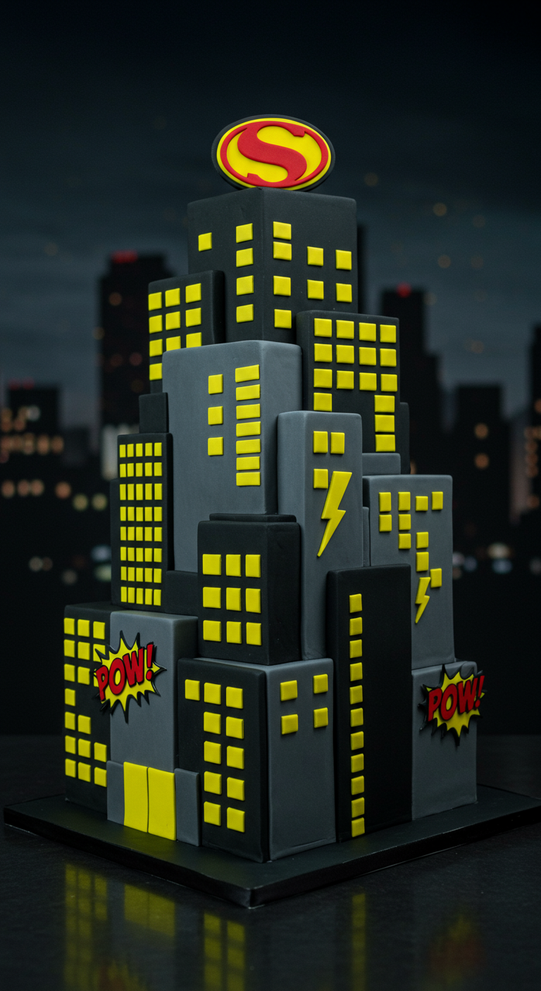 Superhelden-Torte in Form einer Skyline mit Comic-Elementen