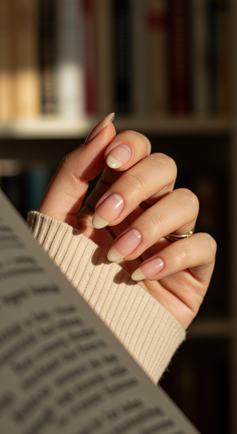 Ovale French Nails mit sehr natürlicher Basis und dünner Spitze.