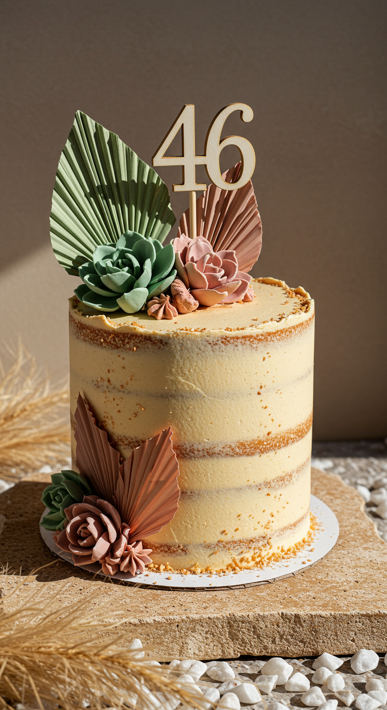 Semi-Naked Cake mit pastellfarbenen Trockenblättern und Zucker-Sukkulenten.