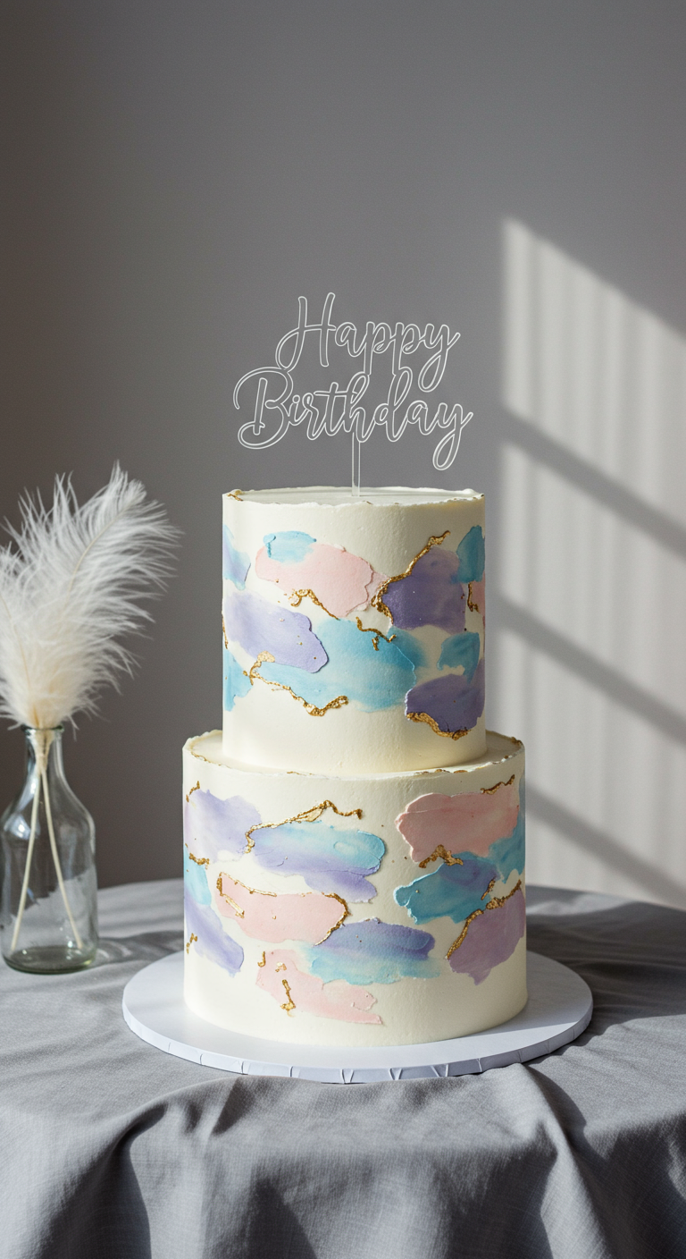Zweistöckige weiße Torte mit pastellfarbenen Buttercreme-Wolken und goldenen Akzenten.