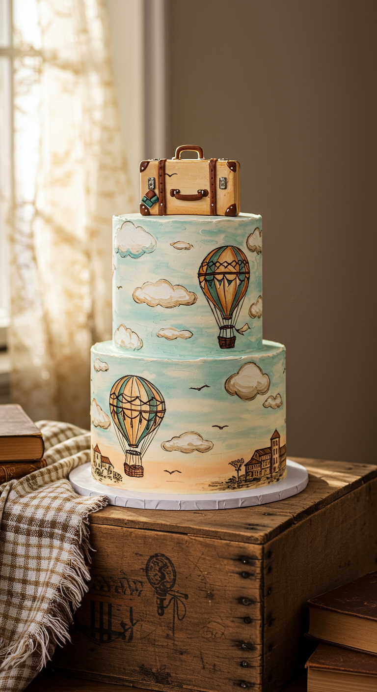 Zweistöckige Torte mit handgemalten Heißluftballons und Wolken