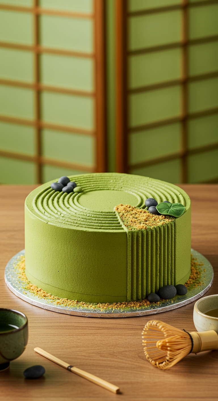 Runde, matcha-grüne Torte mit konzentrischen Rillen und Dekoration im Zen-Garten-Stil.