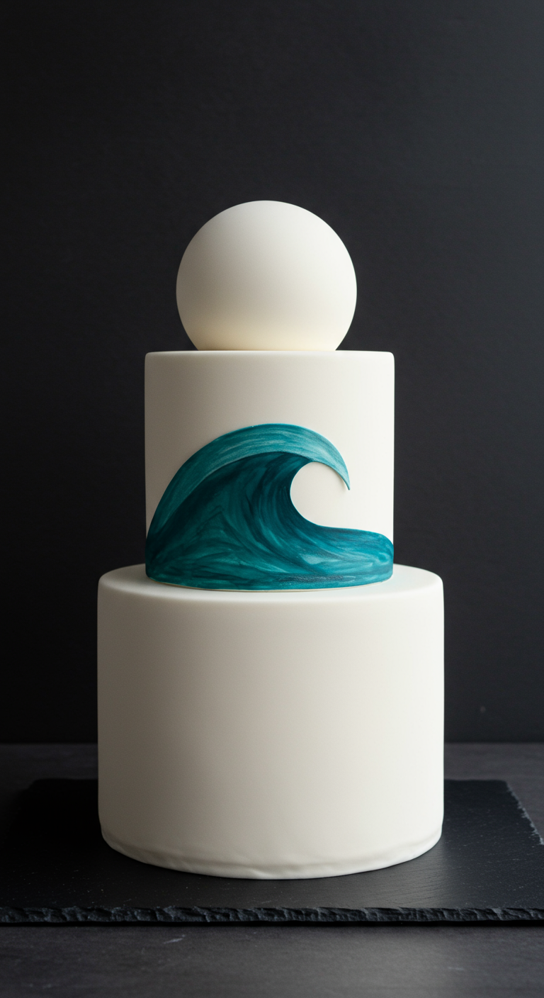 Weiße zweistöckige Torte mit einer gemalten blaugrünen Welle und einer weißen Kugel.