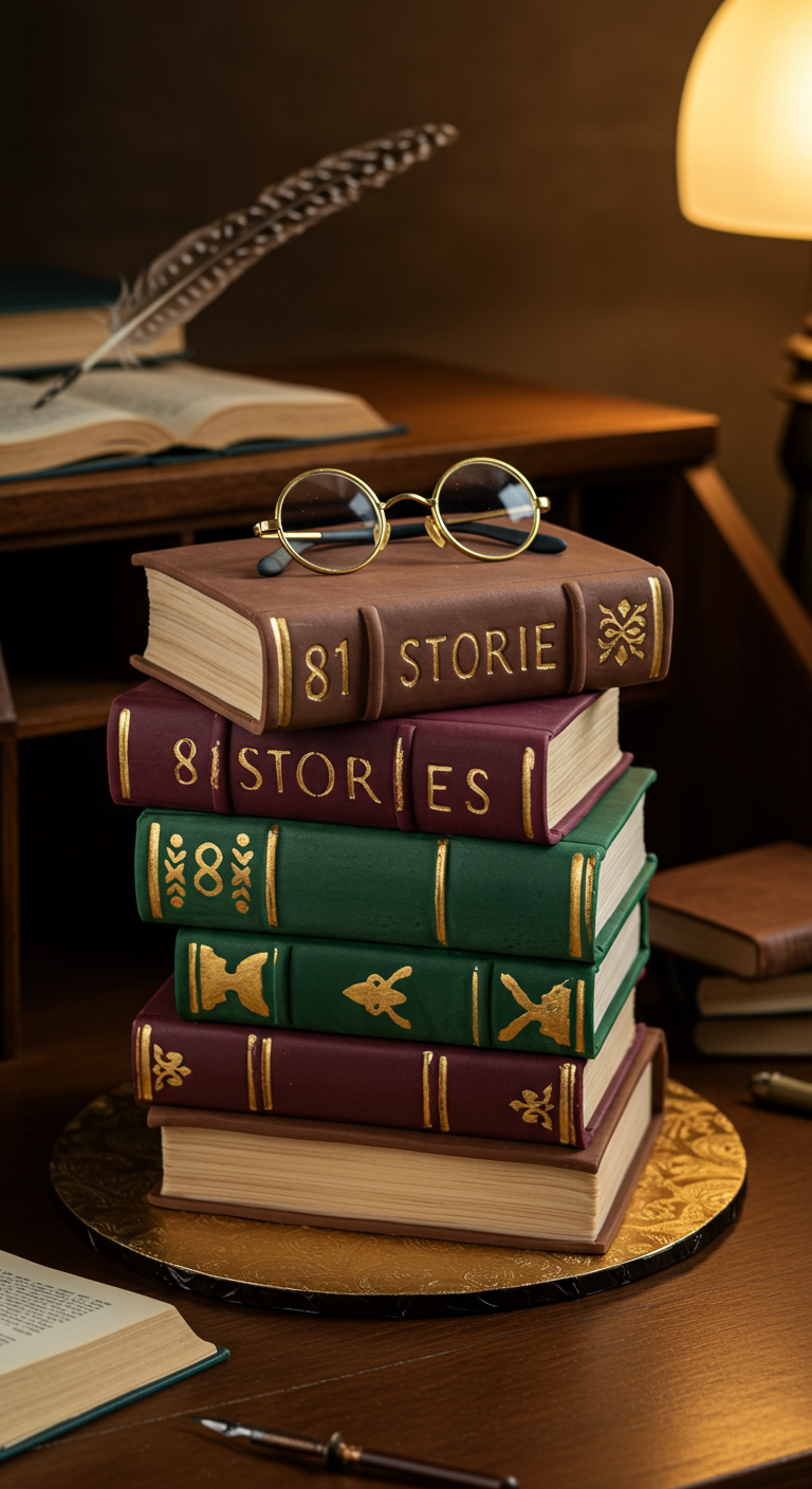Torte in Form eines Bücherstapels mit Brille und Federkiel.