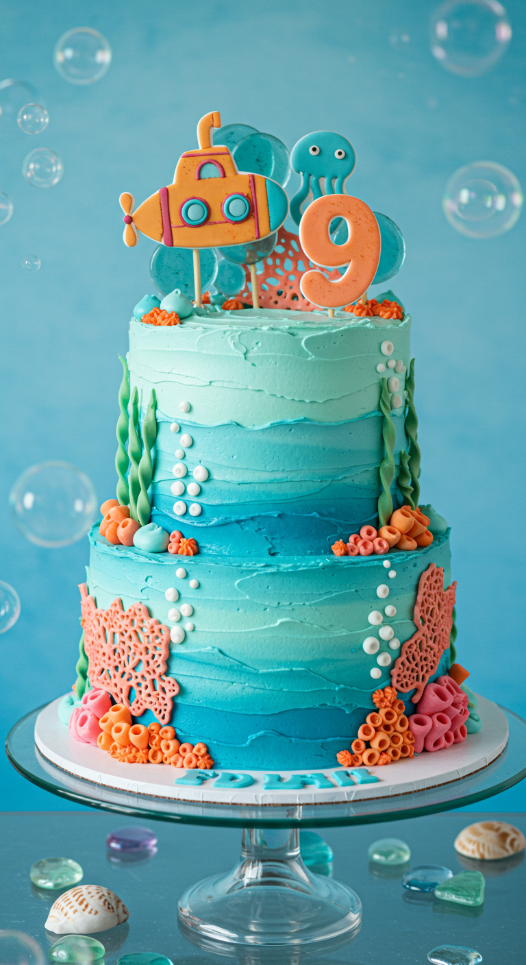 Zweistöckige Unterwasser-Torte in Blautönen mit U-Boot, Krake, Korallen und Algen.