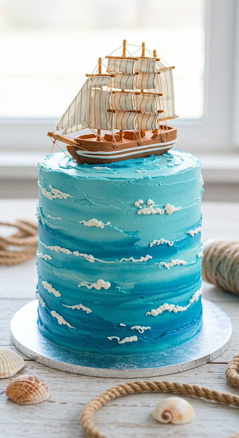 Blaue Torte mit Wellenmuster aus Buttercreme und einem Segelschiff-Topper.