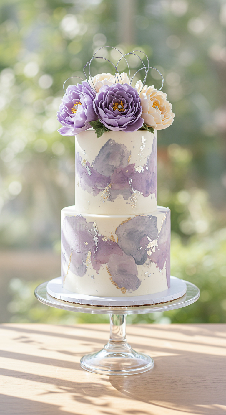 Zweistöckige weiße Torte mit lila-grauen Aquarell-Effekten, Gold-Flakes und Zuckerblumen.