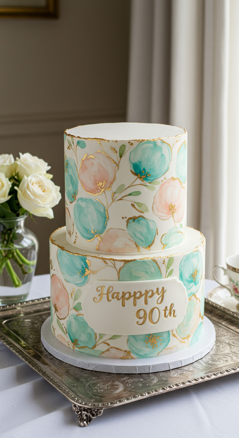 Zweistöckige weiße Torte mit Aquarell-Blumen in Türkis und Rosa, goldenen Umrissen.