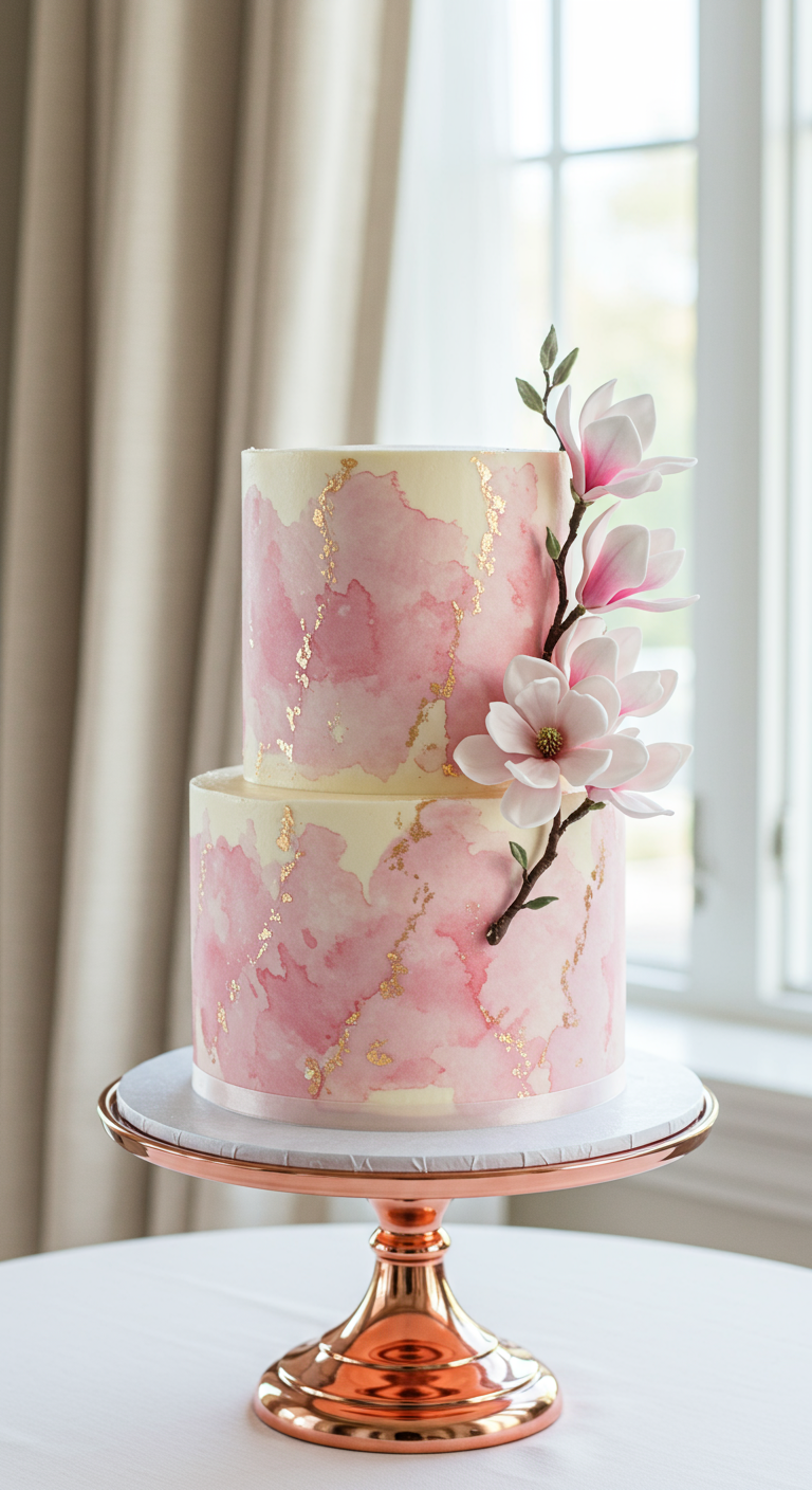 Zweistöckige Torte mit rosa Aquarell-Effekt und Zucker-Magnolien.