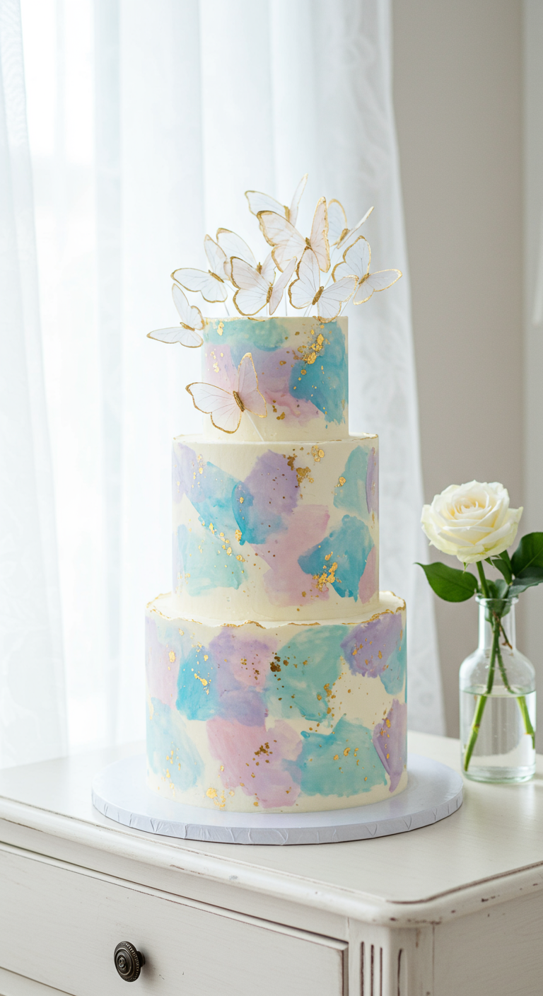 Dreistöckige Torte mit Aquarell-Effekt in Pastellfarben, Goldsprenkeln und Wafer-Paper-Schmetterlingen.
