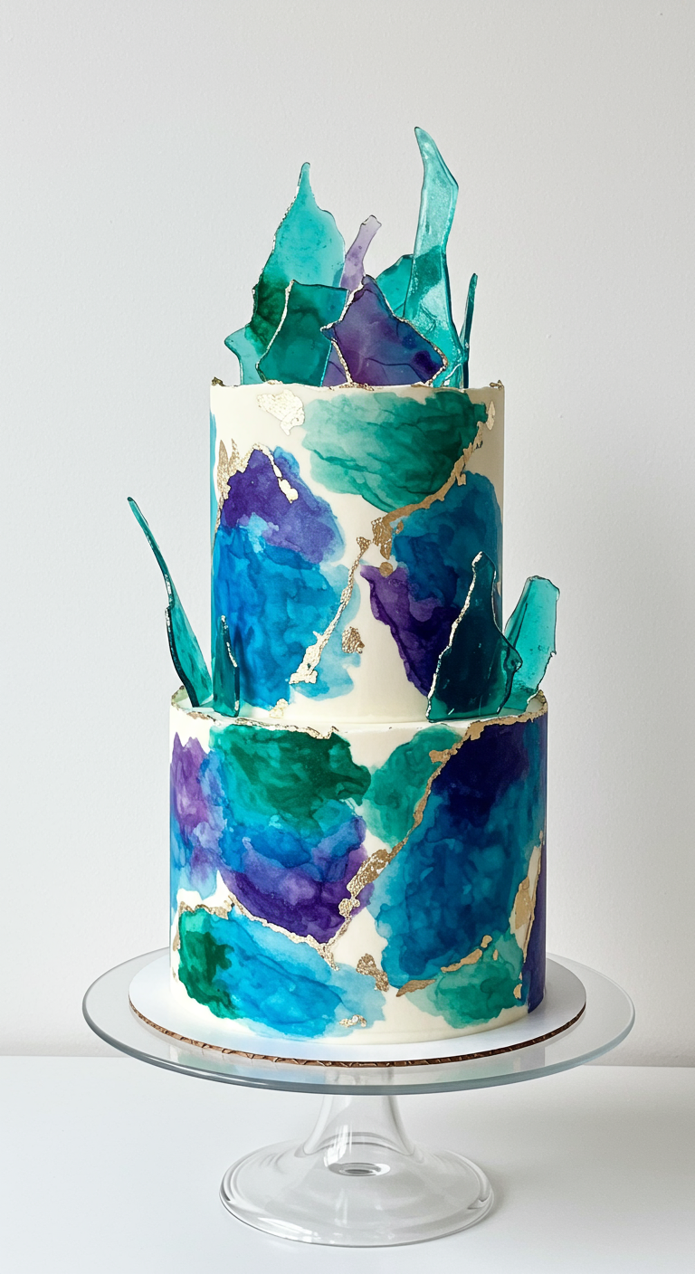 Zweistöckige weiße Torte mit blau-lila Aquarell-Effekt, Goldakzenten und türkisen Zuckersplittern.