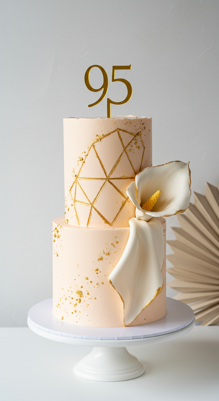 Zweistöckige pfirsichfarbene Torte mit goldenen geometrischen Linien und großer Zucker-Calla.