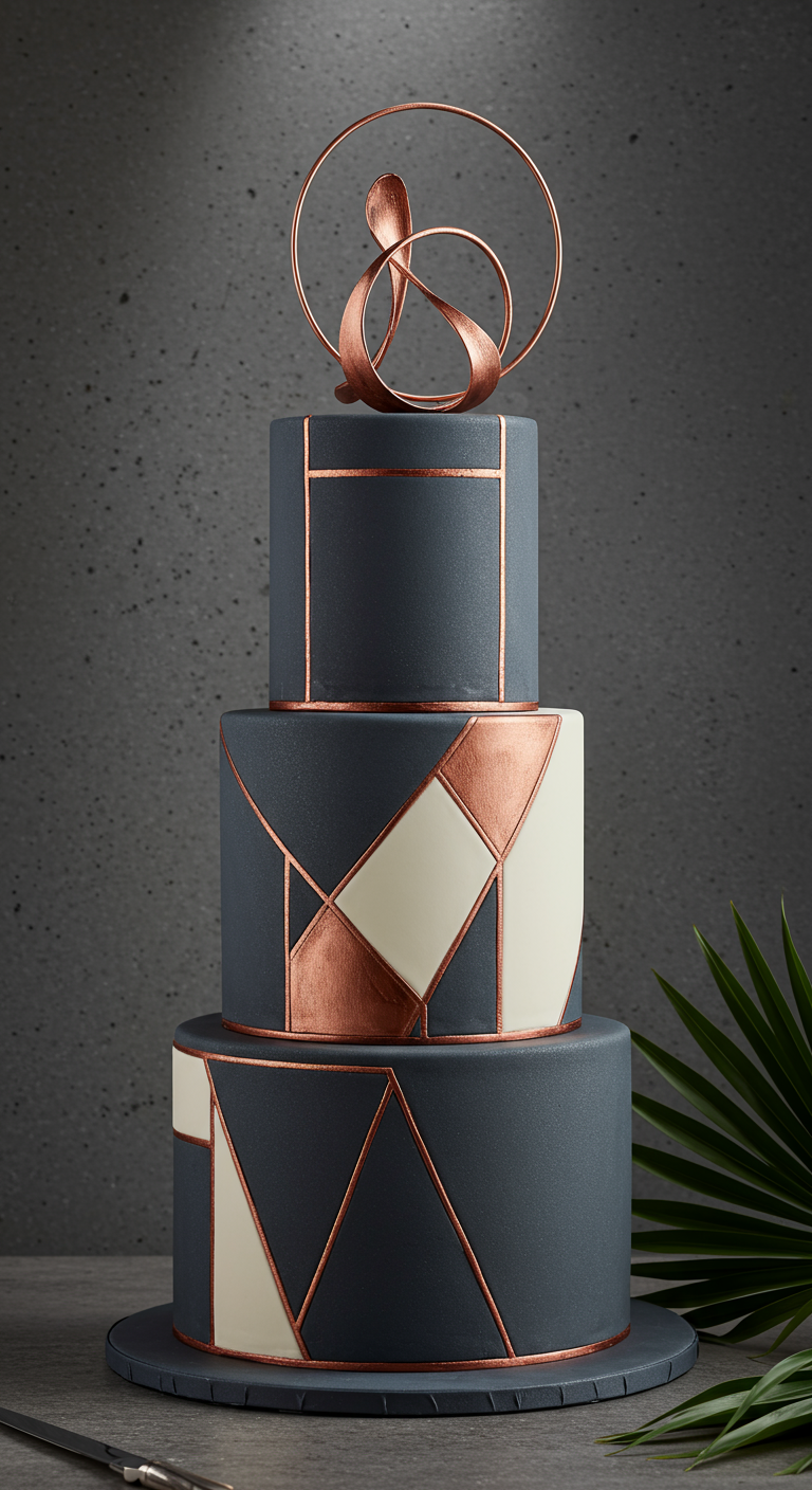 Dreistöckige Torte in Grau und Weiß mit geometrischen Kupfer-Akzenten.