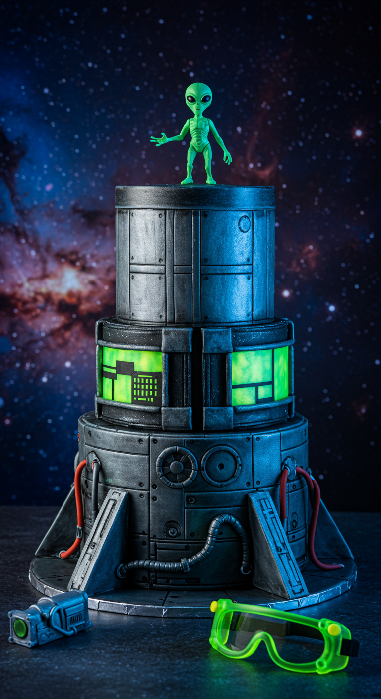 Mehrstöckige Torte in Raumschiff-Optik mit Alien-Figur.