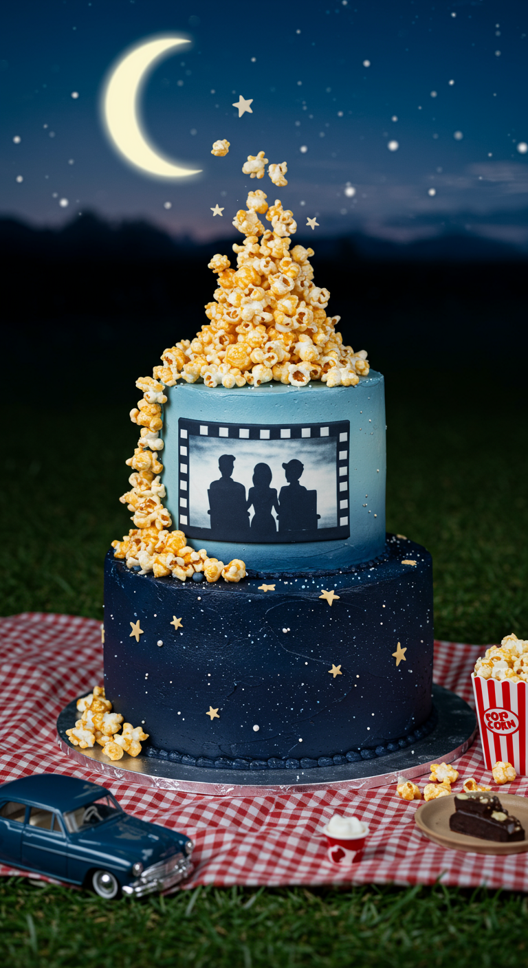 Zweistöckige Torte im Autokino-Stil mit Popcorn und Filmstreifen-Deko.
