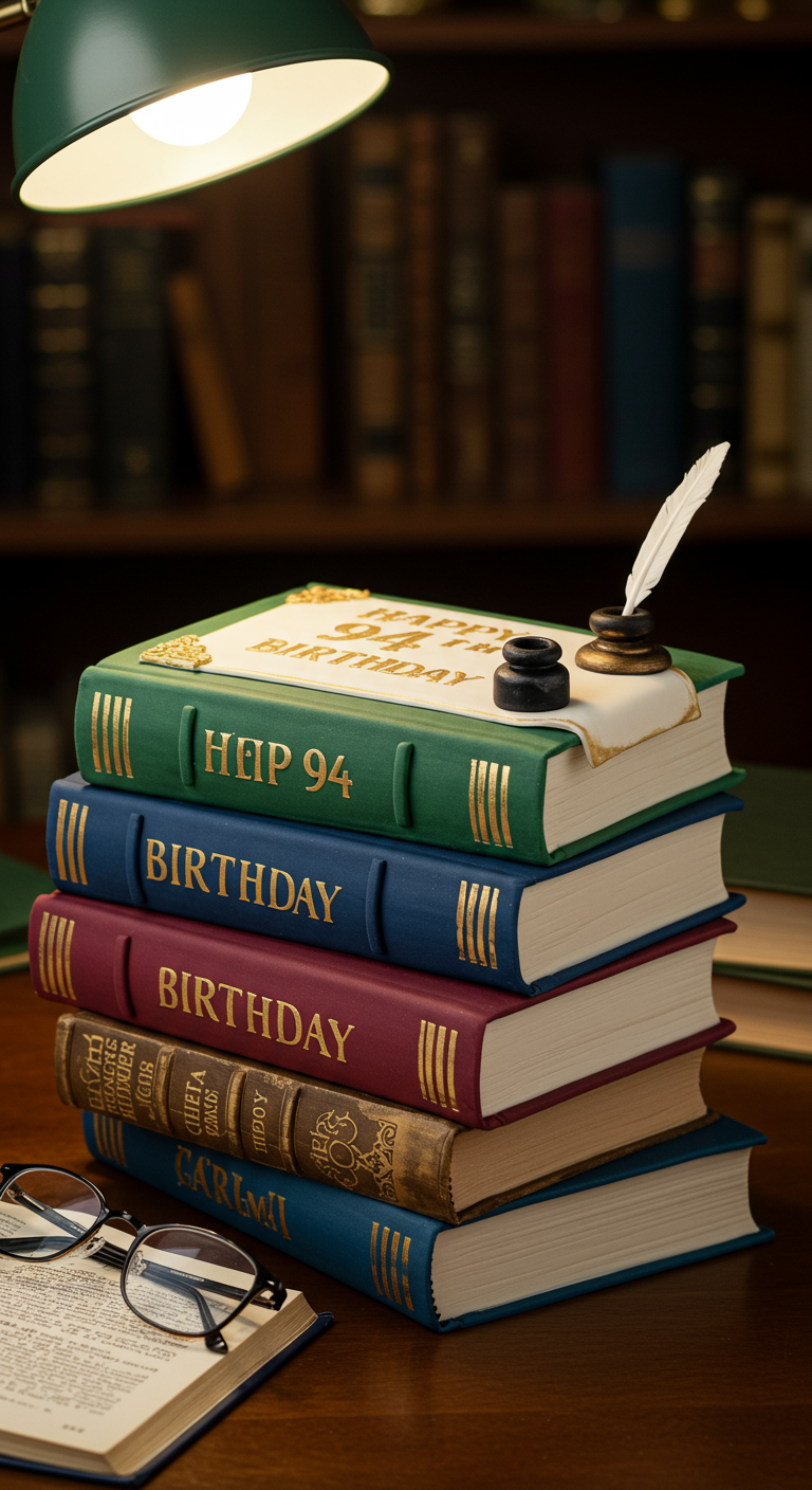 Kuchen in Form eines Stapels alter Bücher mit goldenen Verzierungen.