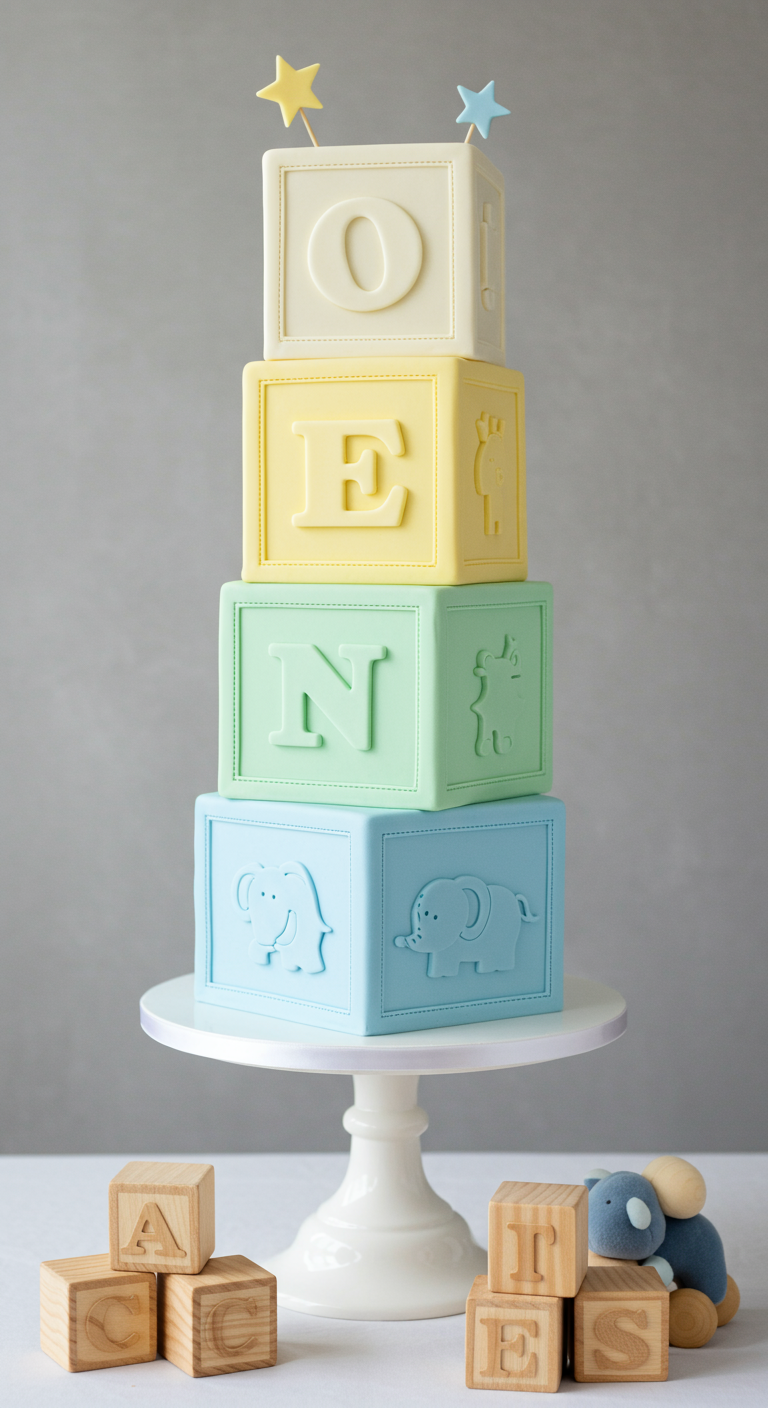 Vier gestapelte, bunte Kuchen-Bausteine mit Buchstaben und Tier-Reliefs.