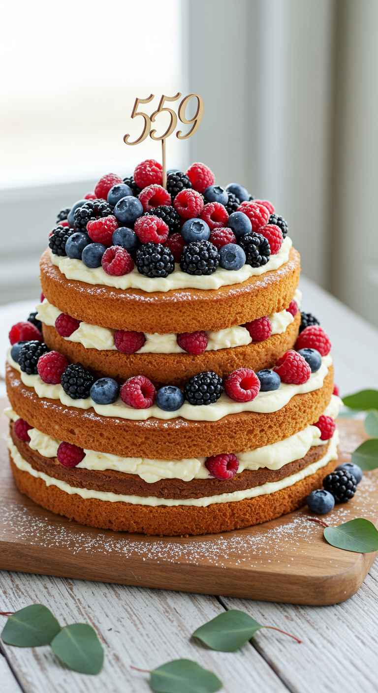 Dreistöckiger Naked Cake mit Sahne, frischen Beeren und '59' Topper.