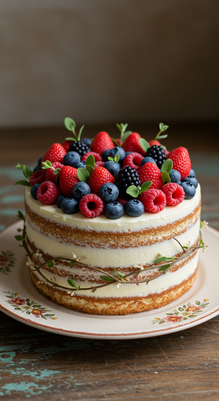 Naked Cake mit viel Buttercreme, frischen Beeren und grünen Blattranken.
