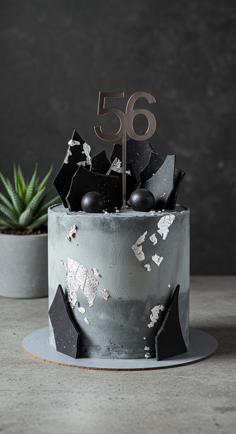 Graue Torte im Beton-Look mit schwarzen Schokoladensplittern und silbernen Akzenten.