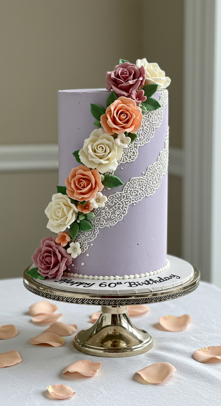 Hohe lavendelfarbene Torte mit essbarer Spitze und einer Ranke aus Zuckerrosen.