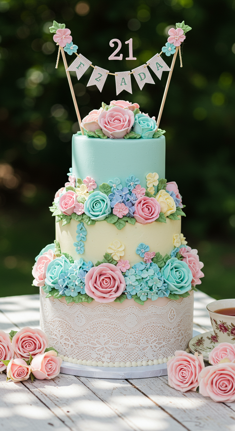 Dreistöckige Torte in Pastellfarben mit aufwendigen Buttercreme-Blumen und Spitzenborte.